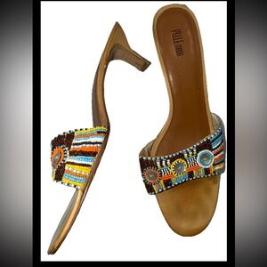 PELLA moda Brown BEADED LEATHER Sandals 2.5” kitten Heel Slip Ons Size 12 Womens
